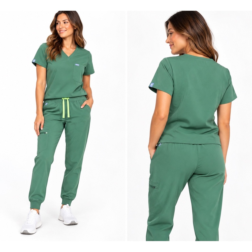 FIGS Women's Scrub Set Size M Sage Green V Neck Top Jogger Pants Medical Nurse